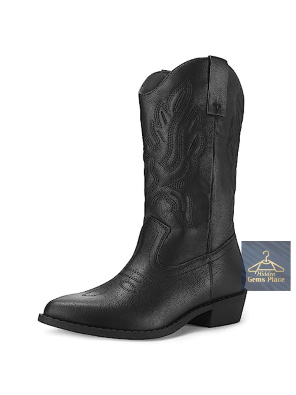 Women's Mid Calf Cowboy Boots Chunky Heel Cowgirl Boots Embroidered Pull-On PU